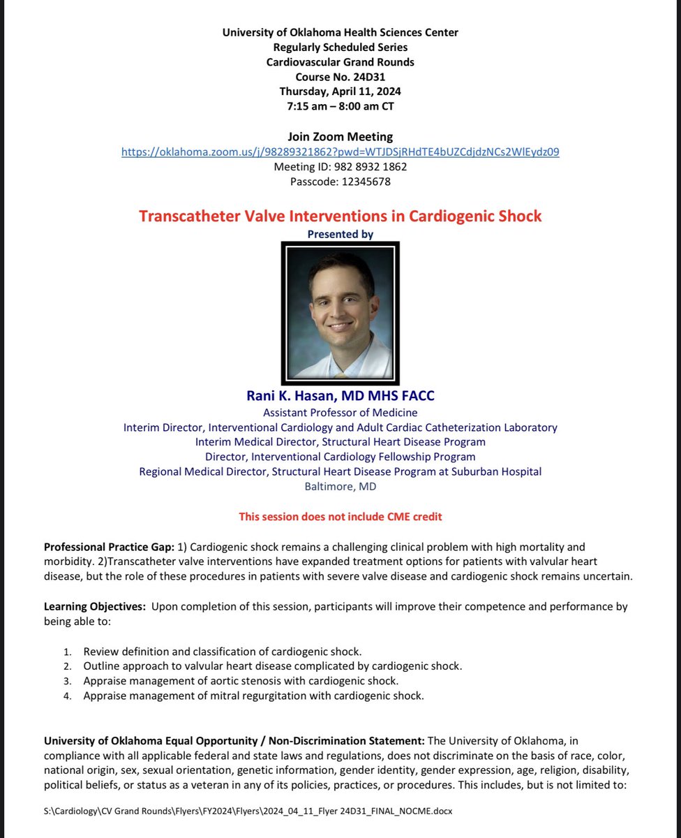 🫀Delighted to present Dr. Rani Hasan, Asst Prof at Johns Hopkins, at OU Virtual Cardiology Grand Rounds on 4/11/24 🫀Join us for a review of an evolving field- Transcatheter Valve Interventions in Cardiogenic Shock oklahoma.zoom.us/j/98289321862?… @MMukherjeeMD @DrJMarine