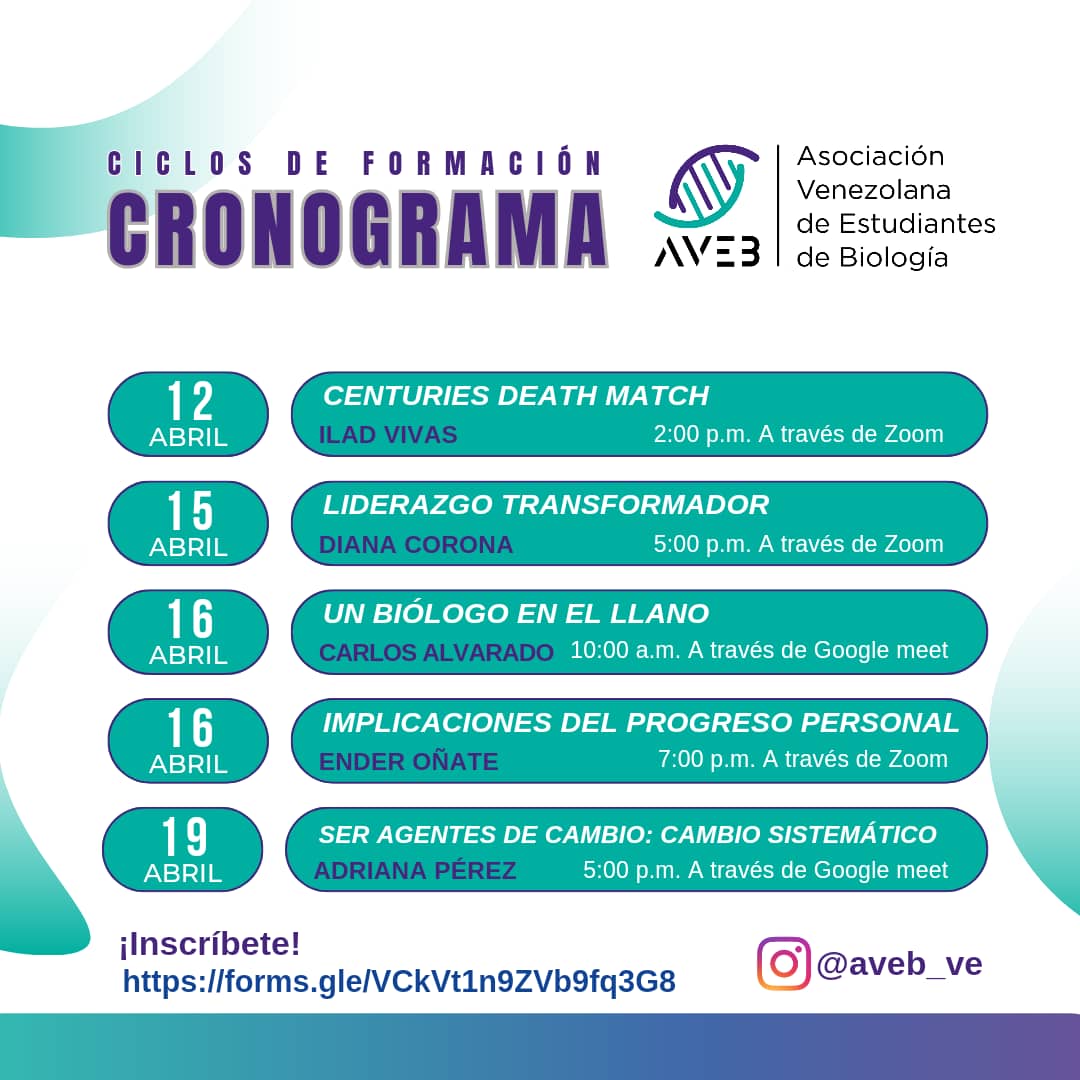 aveb_ve's tweet photo. Querida comunidad, Ya estamos cerca de dictar las charlas de formación en torno a diversos temas. La primera será efectuada este 12 de Abril a las 2 PM. 

Te dejamos por aquí el calendario de actividades y nuestros ponentes para que conozcas más los temas a tratar y fechas https://t.co/ZkluKvyeHC
