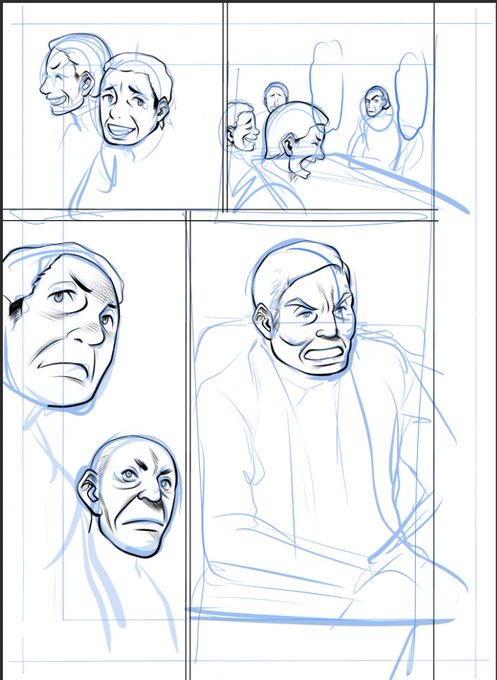 朝から延々おっさんばっか描き続けるお仕事。
まず顔を描いてここから体の下書き、ペン入れをし、面倒くさそうなのはアシスタントさんに回す(ここ大事)。 