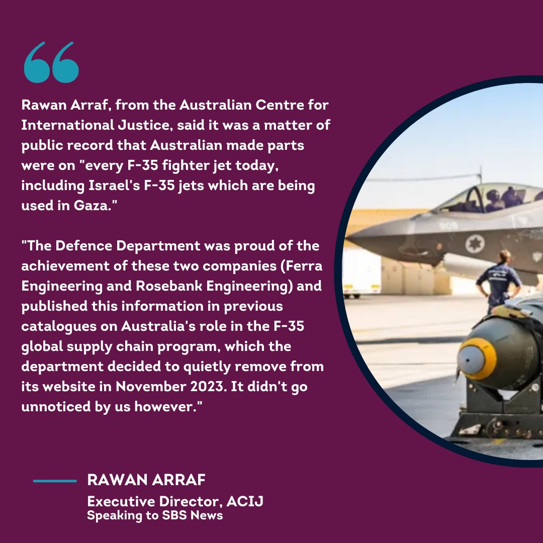 ACIJ’s @rawanarraf spoke to @Rashidajourno @SBS News about Australian arms parts and components which are in use by the Israeli military today including on every F-35 jet that is dropping bombs on Gaza. For more see: sbs.com.au/news/article/d…