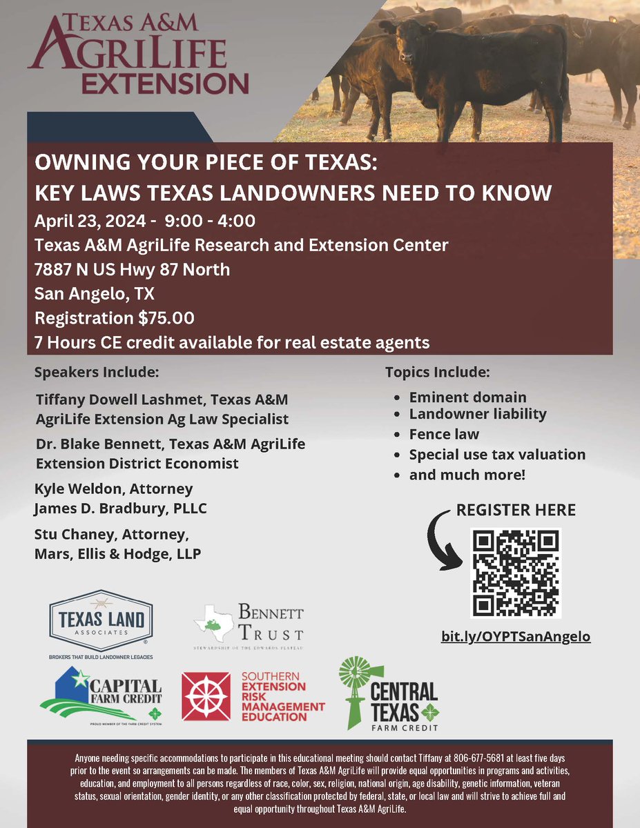 Are you registered for our Owning Your Piece of Texas program in San Angelo, TX? This program is designed for all Texas landowners! Topics covered: - Eminent Domain - Landowner Liability - Fence Law - Special Use Tax Valuation - and much more! agrilifetoday.tamu.edu/2024/03/12/own…