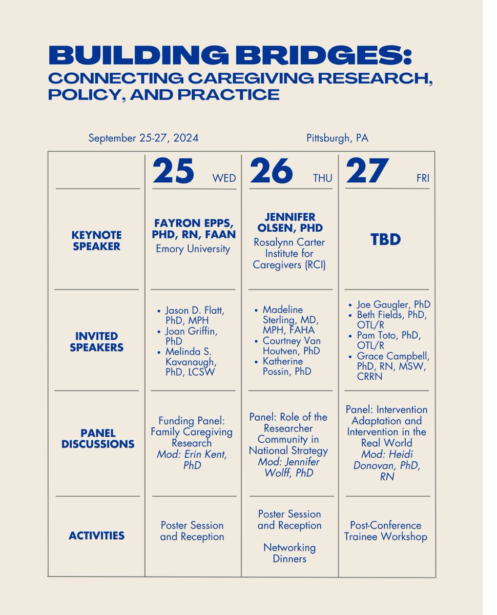 Excited to visit my alma mater 9/2024 Building Bridges: Connecting Caregiving Research, Policy, & Practice @PittCaregiving @QOL4olderadults @JenOlsen_DrPH @PossinKate @mad_sters @chvanhoutven @befields10 @PittOTPhD @GraceCampbellRN caregiving.pitt.edu/3rd-conference…