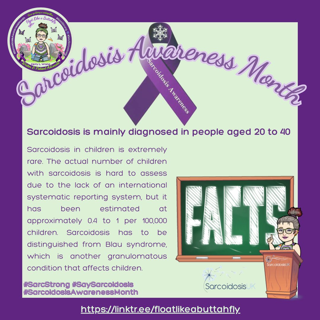 #Sarcoidosis is mainly diagnosed in people aged 20 to 40. Sarcoidosis in children is extremely rare ... but it has been estimated at approximately 0.4 to 1 per 100,000 children. (@SarcoidosisUK). ~🦋 #SarcoidosisAwarenessMonth #SarcLife #SarcStrong #SarcWarrior #SaySarcoidosis