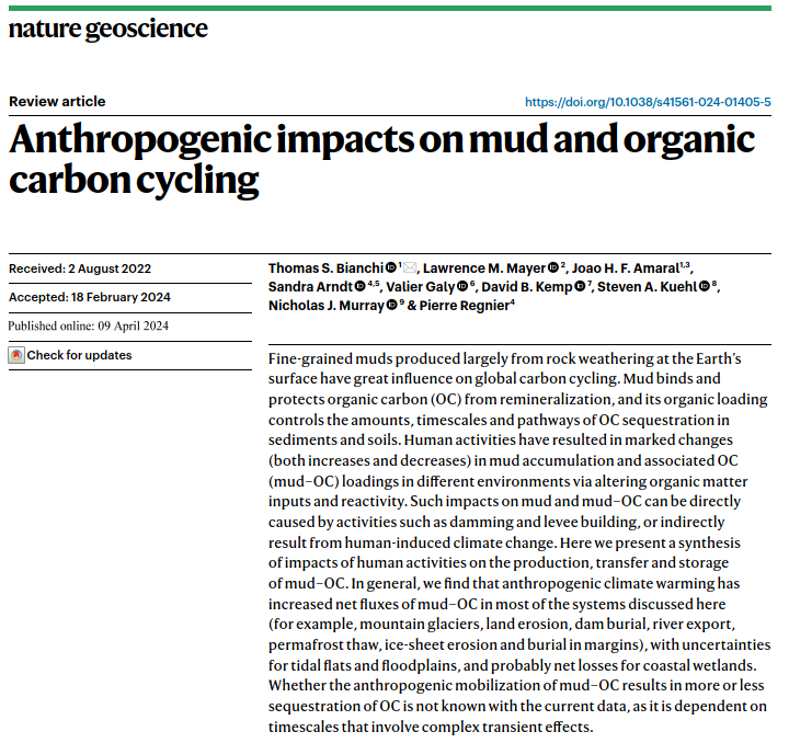 Our new review is out today in @NatureGeosci: Human activities have altered the production, transport and fate of mud and associated organic carbon, with important implications for global carbon cycling. Free link here: rdcu.be/dEcuv @jcu