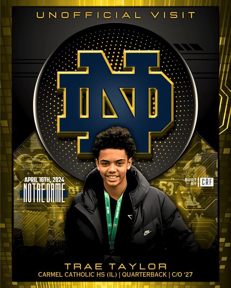 I’ll be visiting @NDFootball 4/16 and will watch practice. Blessed to be allowed to attend @PlayBookAthlete @QBHitList @MohrRecruiting @SWiltfong_ @AllenTrieu @LemmingReport @TomLoy247 @Marcus_Freeman1 @GinoGuidugli @krut_24 @CoachSemaj @CoachBlackwell_ @CorsairsFB @Jmack37