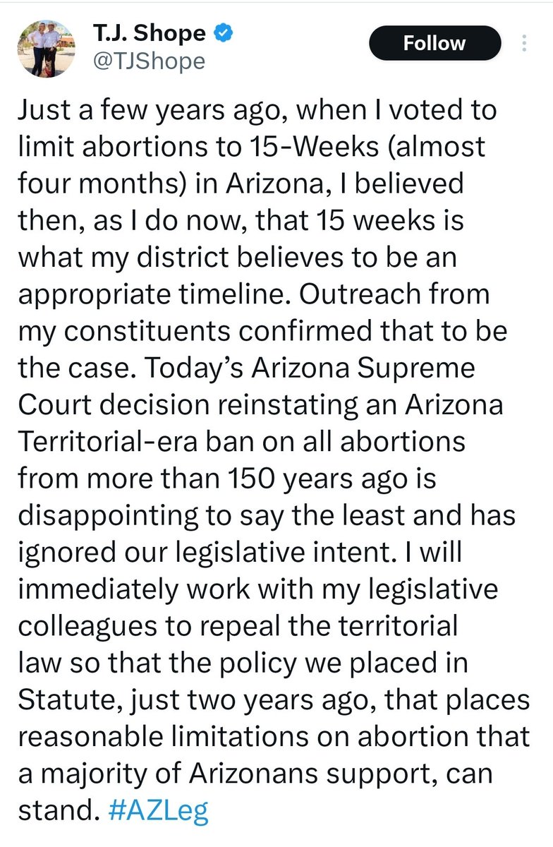 The way elected Arizona Republicans are running in terror from the Arizona Supreme Court decision basically outlawing almost all abortions in the state I the clearest 'dog who caught the car' moment I have ever seen.