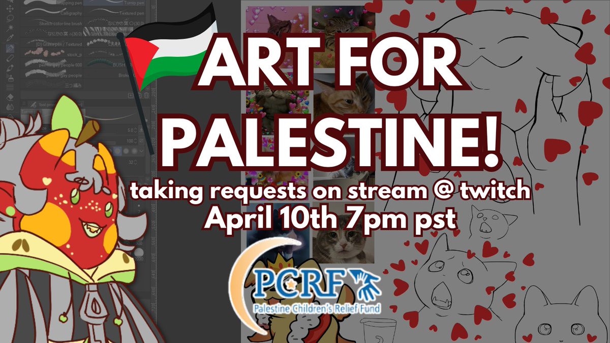 ART FOR PALESTINE 🍉 I'll be doing art requests on stream to raise money in the support of the Palestine Children's Relief Fund!