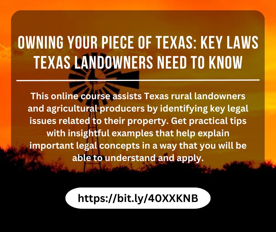 Our Owning Your Piece of Texas Online Course is available on demand! Whether you have owned land for generations or are looking to purchase your first acre, this course is designed to provide you with practical and helpful information. agrilifelearn.tamu.edu/s/product/owni…