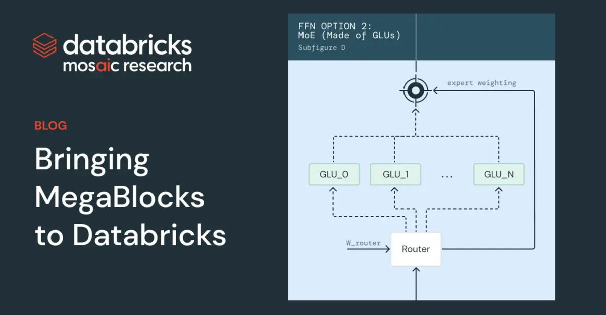 🚨Open Source Drop🚨 Databricks is adopting MegaBlocks, and we're releasing the MegaBlocks integration into LLMFoundry. This is a critical component in our Dbrx training stack, and we're super excited to bring MoE training to the community (1/N)