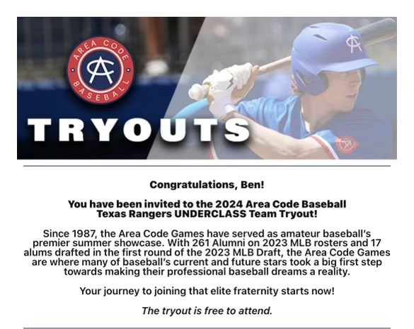 It’s an honor to be invited to the Area Code Tryouts. I look forward to competing! @follow_cobras @Billy_Jordan22 @leftysticks11 @LCSBaseball @ACBaseballGames