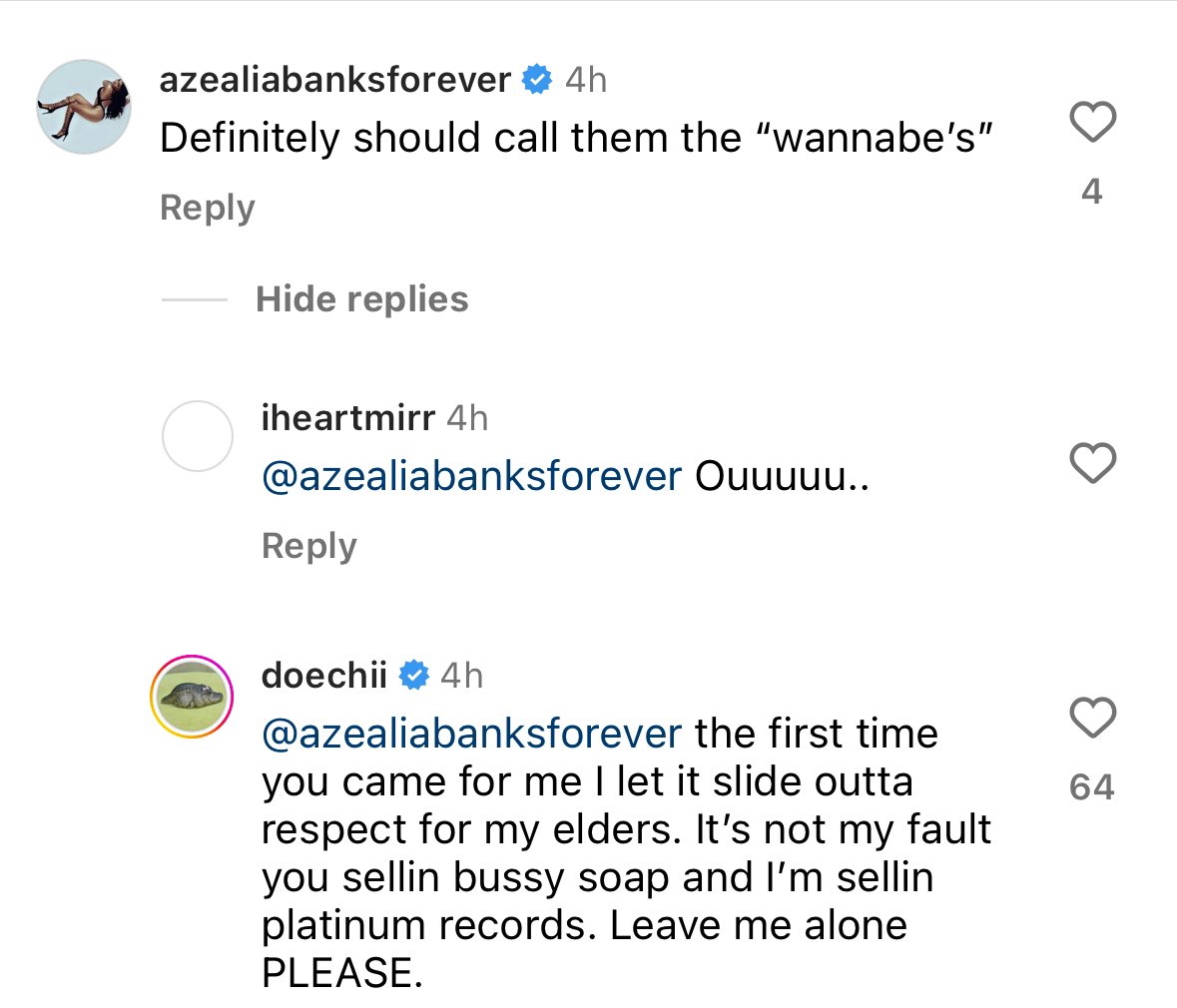 Doechii claps back at Azealia Banks under a post about what she should name her fans.