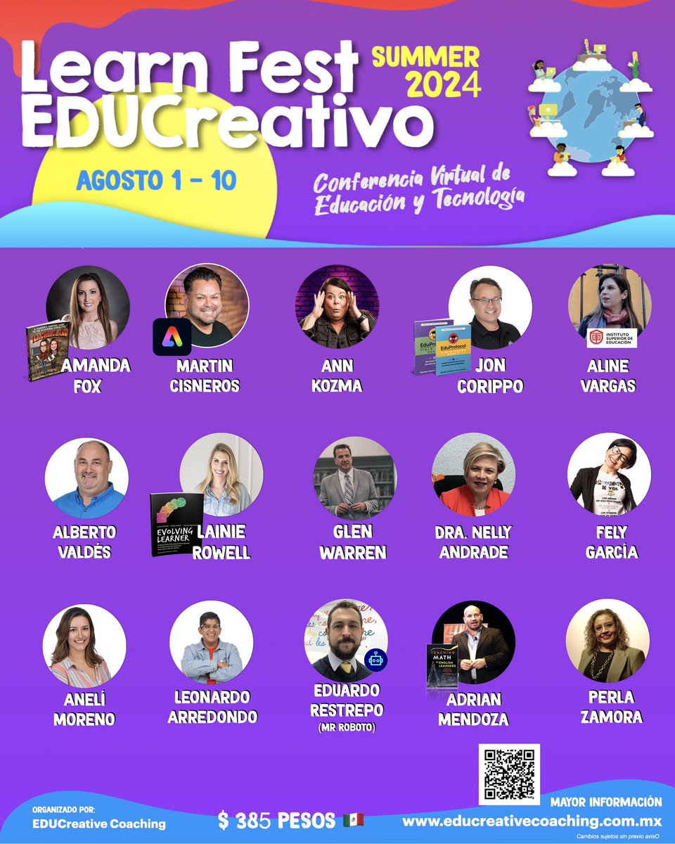 ¡Más conferencistas confirmados! Conferencia Virtual de Educación y Tecnología ¿Nos acompañas? 1 al 10 de Agosto, 2024 Compra tu boleto: 385 pesos 🇲🇽 educreativecoaching.com.mx Sesiones: Lun- Vie: 4:00 PM y 5:30 PM 🇲🇽 CST Sáb: 11:00 AM y 1:00 PM 🇲🇽 CST ¡Te esperamos!