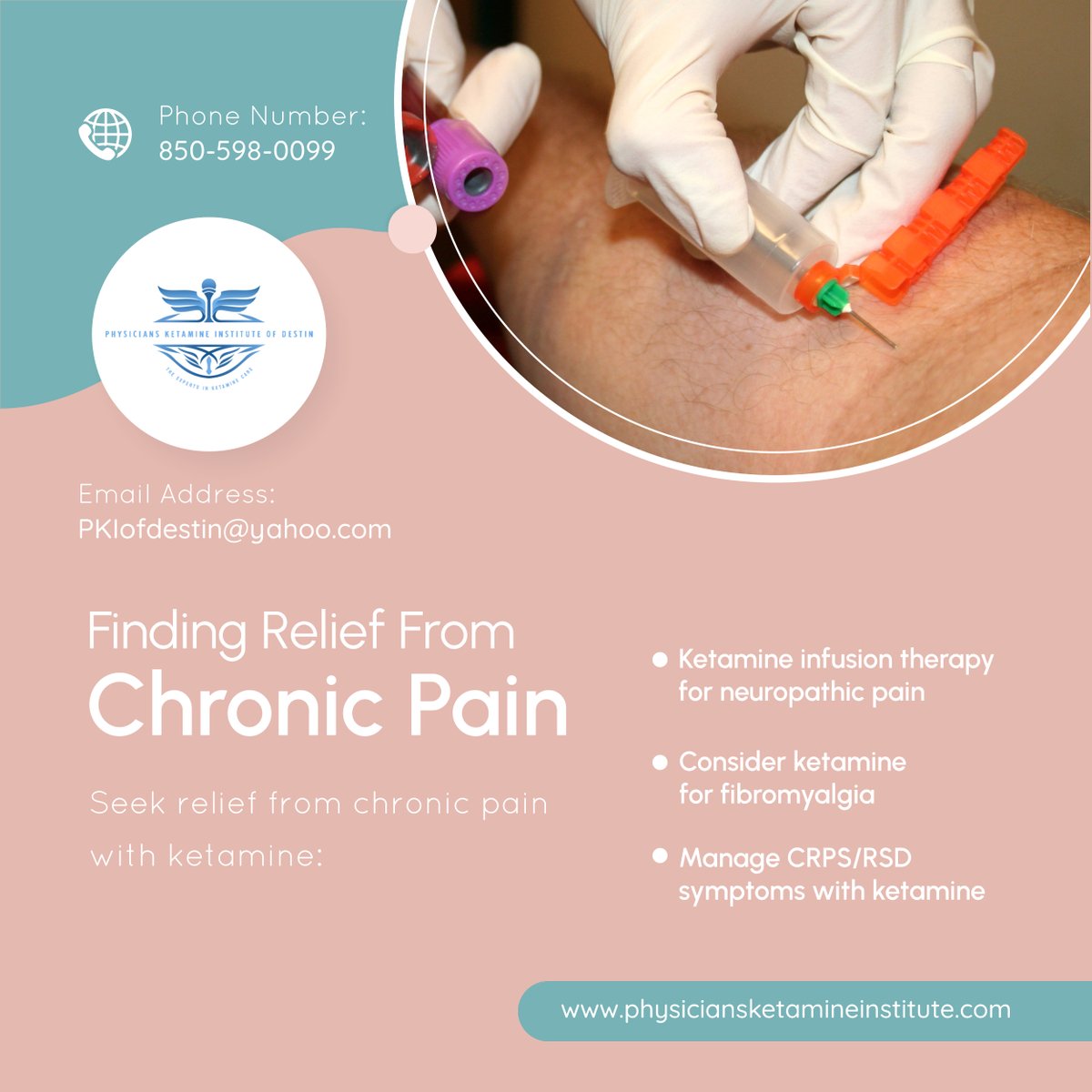 Don't let chronic pain hold you back. Explore the benefits of ketamine therapy for neuropathic pain, fibromyalgia, and CRPS/RSD. 

Discover more here: tinyurl.com/8k4fvf9a. 

#ChronicPainRelief #IVKetamineTherapy #DestinFL