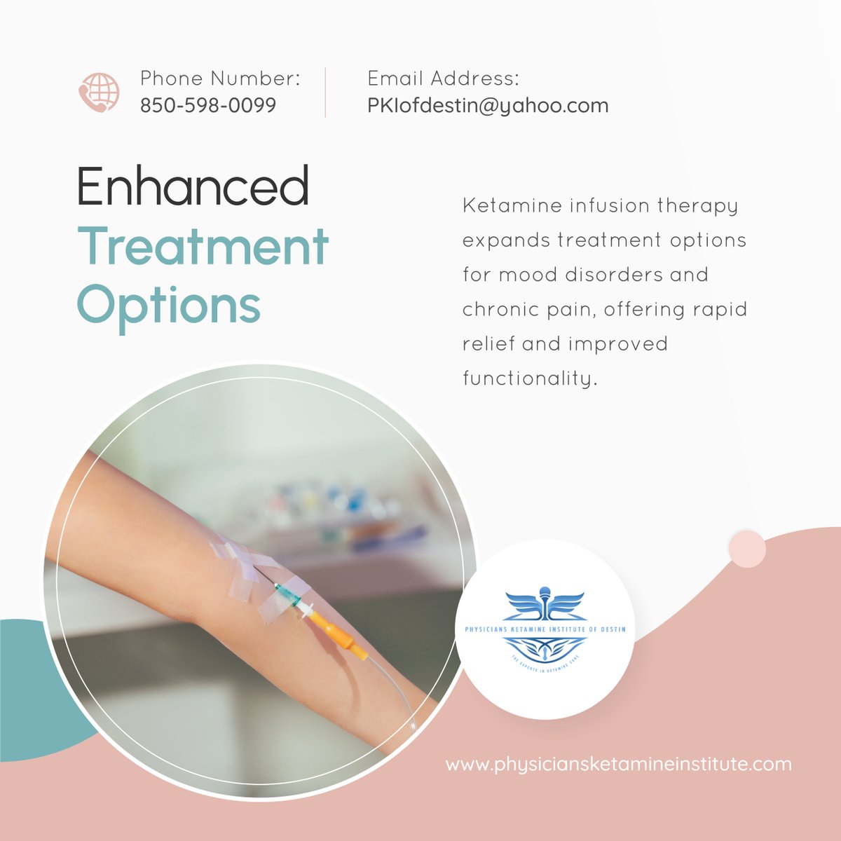 Explore how ketamine infusion therapy expands treatment options for mood disorders and chronic pain, offering rapid relief and improved functionality. 

Contact us today at 850-598-0099. 
and visit tinyurl.com/4ay2v9hn. 

#TreatmentOptions #IVKetamineTherapy #DestinFL