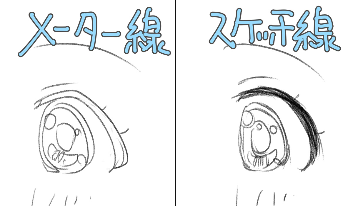 どっちがイイか悩む。アニメーターじゃないしー。
セル塗りの着色前提ならベクターラインでメーター線だろうけど 