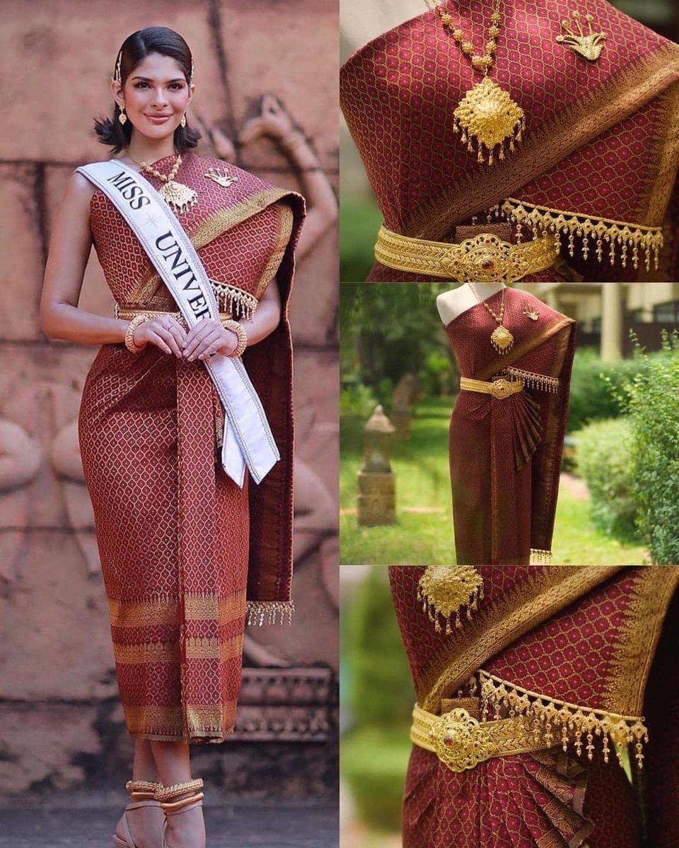C A M B O D I A 🇰🇭 Miss Universe 2023 Sheynnis Palacios wearing a traditional Khmer dress for the Miss Universe Cambodia Press Conference