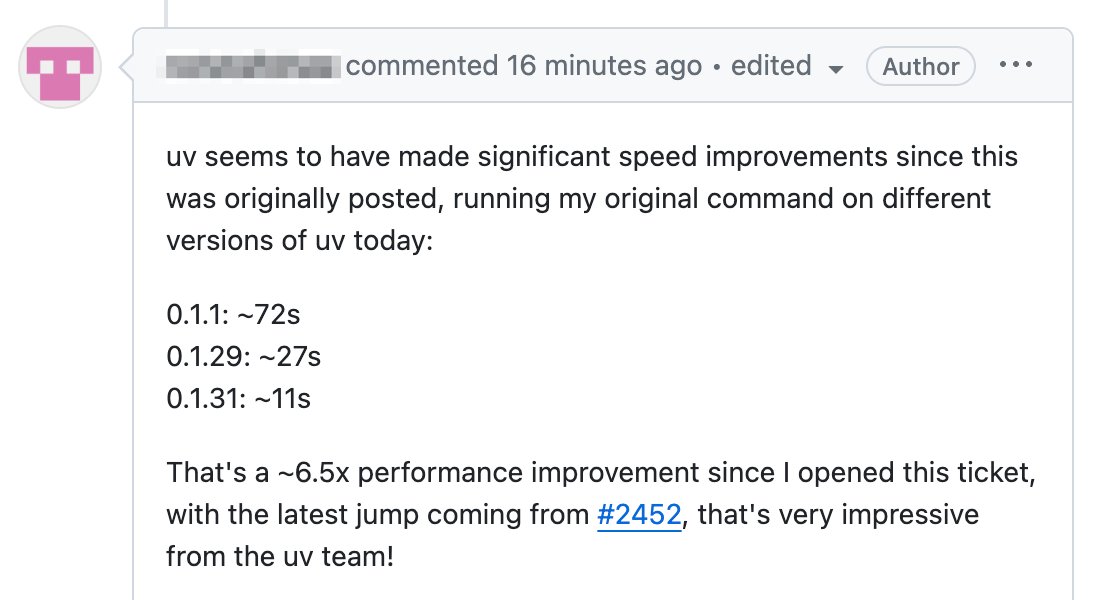 Since launch, uv has gotten ~6.5x faster on a very hard (even pathological) resolution benchmark. Adding more features and capabilities while getting much faster.