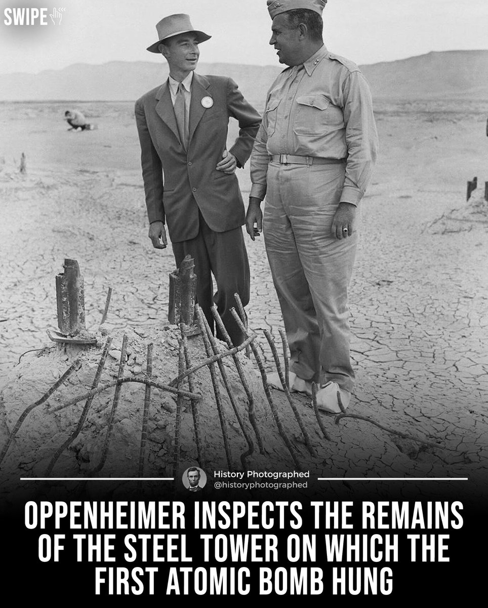 In 1945, near Alamogordo, New Mexico, J. Robert Oppenheimer was seen inspecting the remnants of the steel tower from which the first atomic bomb was deployed during a test, famously codenamed 'Trinity.' To avoid radioactive contamination, those present wore white overshoes. The…