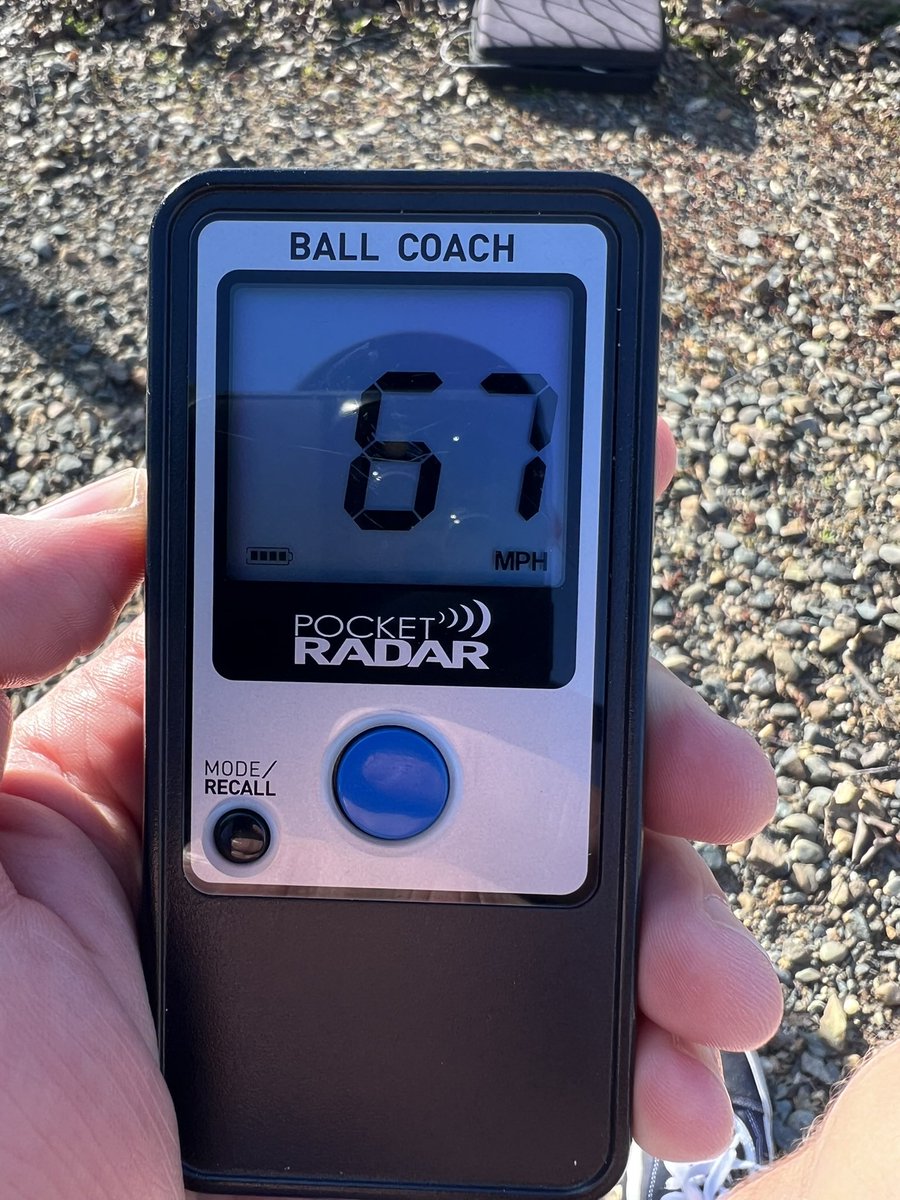 Proof that hard work pays off! With weekly weight training, running, pitching lessons, bullpens, and weighted ball workouts, I’ve hit a new in game PR of 67 mph today! Im super excited to keep working and hopefully see numbers in the upper 60s more consistently!
