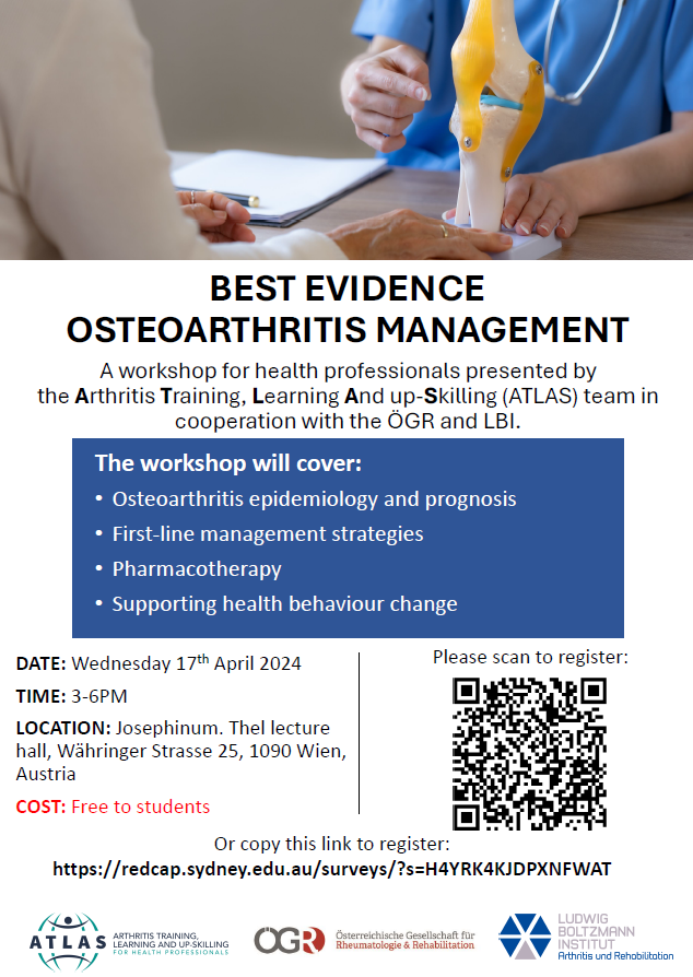 Jillian (@jillian_eyles) on Twitter photo The #Ostearthritis Management Workshop at the Josephinum, Medical University of Vienna is now free for students. Are you studying medicine and health? Join us on 17th April- register here:
lnkd.in/gfXUP9mz
<a href="/HinmanRana/">Prof Rana Hinman</a> @henriksen_mh <a href="/sarahkobs/">Sarah Kobayashi</a> <a href="/OAClinicalRes/">Osteoarthritis Clinical Research Group</a> The #Ostearthritis Management Workshop at the Josephinum, Medical University of Vienna is now free for students. Are you studying medicine and health? Join us on 17th April- register here:
lnkd.in/gfXUP9mz
<a href="/HinmanRana/">Prof Rana Hinman</a> @henriksen_mh <a href="/sarahkobs/">Sarah Kobayashi</a> <a href="/OAClinicalRes/">Osteoarthritis Clinical Research Group</a>