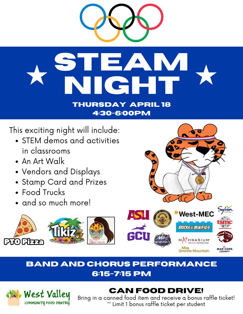 STEAM Night 2024 is Thursday April 18th! 🌟 We are channeling our inner Olympian and are so excited to showcase different exhibits and projects students worked on all year long! We are asking that you bring a canned food item and receive a bonus raffle ticket (per student)!