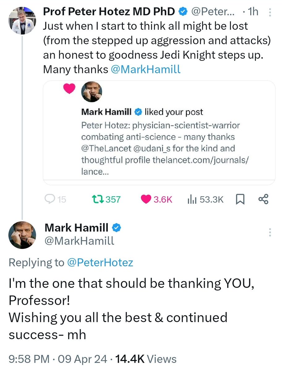 Big shout out to @PeterHotez, you're truly a PH hero.

And THIS! Plus showing his support for @POTUS today is why @MarkHamill is a #nationaltreasure! Proof the force is always with him! Thank you for supporting those of us working in service to public health.