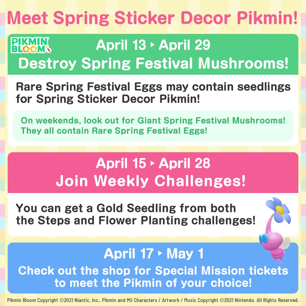 Spring Sticker Decor Pikmin will be making a limited-time appearance starting on April 13th 🍓 You can get their seedlings from rare Spring Festival Eggs, and by joining Weekly Challenges 🌱 pikminbloom.com/news/april24-s…