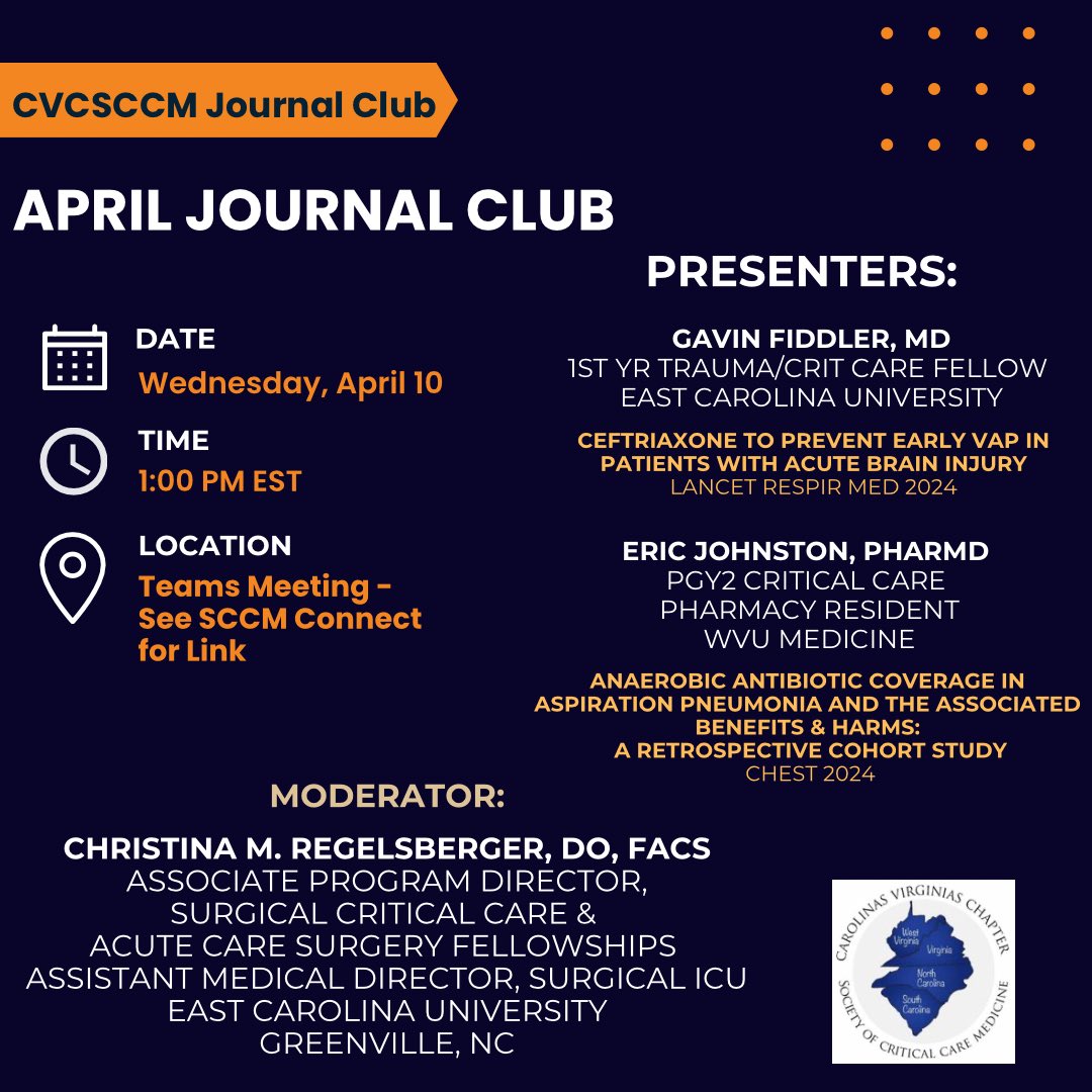 Join us for our April Journal Club TOMORROW!!! Wednesday, April 10th at 1pm! To join, use the Teams meeting link found in the announcement on Connect! Hope to see you there for this great discussion on PNA in the ICU! #cvcsccm #cvcsccmjc #sccm #sccmsome