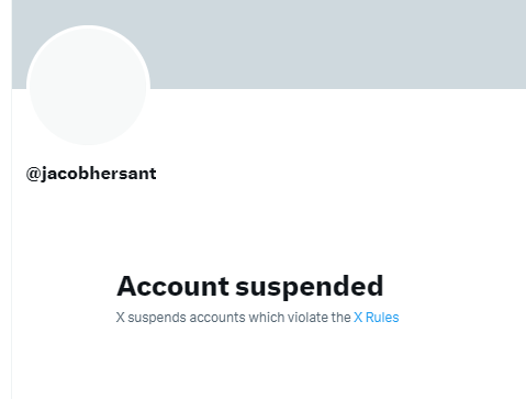 Jacob Hersant Account got suspended. Probably be able to appeal and get it back as Thomas Sewell did. Strongly suspect Drew Pavlou is responsible. It’s likely he’s writing to X admins begging for us to be taken down because he is suffering a breakdown over Joel Davis.