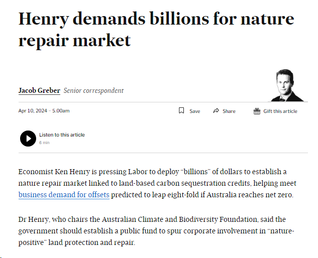 If govt is funding a market, it's not a market... Why not just give govt $ to restoration projects directly? More efficient, minimises risk of fraud that comes with trying to maximise profit and cuts out the ticket clippers. #auspol #biodiversity #climate afr.com/policy/energy-…
