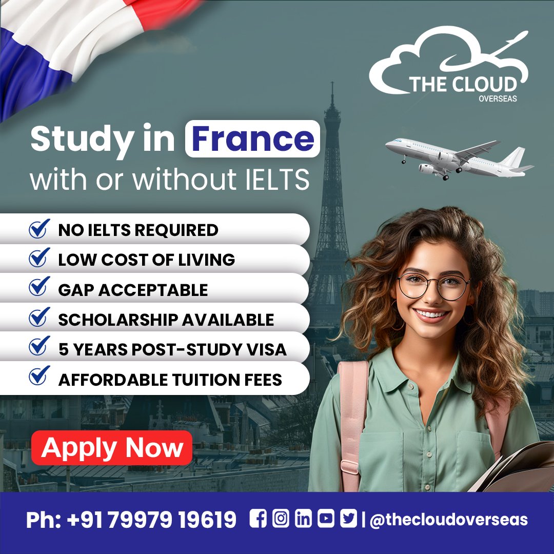 🌟 Dreaming of studying in France 
✅ No IELTS required! 
📞 Contact us at +9179979 19619 or follow @thecloudoverseas to kickstart your adventure! 🌍 #thecloudoverseas #France #europe
#StudyInFrance #NoIELTS #Scholarships #LowCostLiving #GapAcceptable #PostStudyVisa