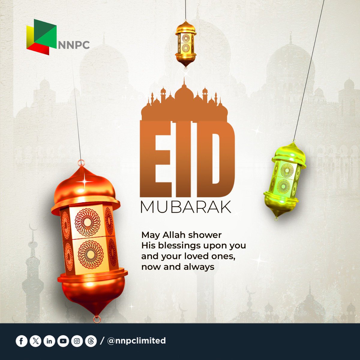 NNPC Ltd. wishes everyone a joyous and blessed Eid al-Fitr! May the lessons learnt in the Holy Month of Ramadan be a source of happiness, peace, and prosperity to you and your loved ones. Eid Mubarak! #EidMubarak #EnergyforToday #EnergyforTomorrow