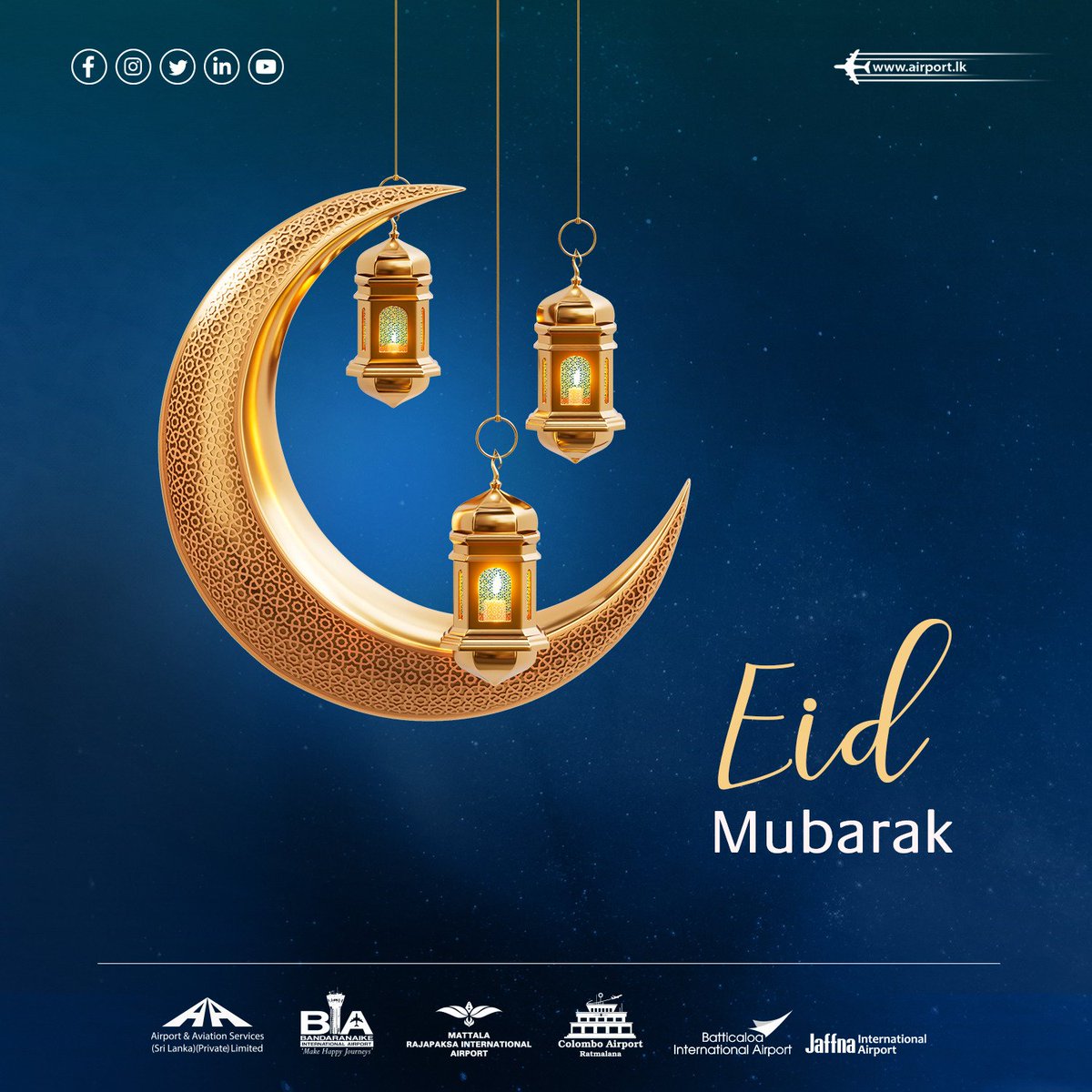 Happy Eid Mubarak from the BIA to yours! 🌙 May this special day bring peace, happiness, and prosperity to you! #SriLankaAirports #BIAsrilanka #EidMubarak
