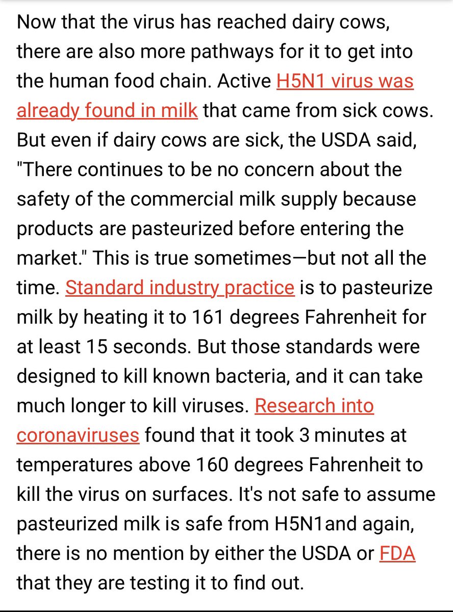 DanielleLangWa's tweet photo. I don’t know if #H5N1 is on your radar yet, but it is pretty scary situation, and if you consume DAIRY PRODUCTS made in the US, you’re definitely going to want to read this Op-Ed. 
https://t.co/TGktr783Mx

According to the co-writers* of this Op-Ed published on 4/4/24, “It's not safe to assume pasteurized milk is safe from H5N1.”

*Andrew deCoriolis is the executive director of Farm Forward. Gail Hansen is a public health veterinary expert, and is the former state epidemiologist and state public health veterinarian for the Kansas Department of Health and Environment.