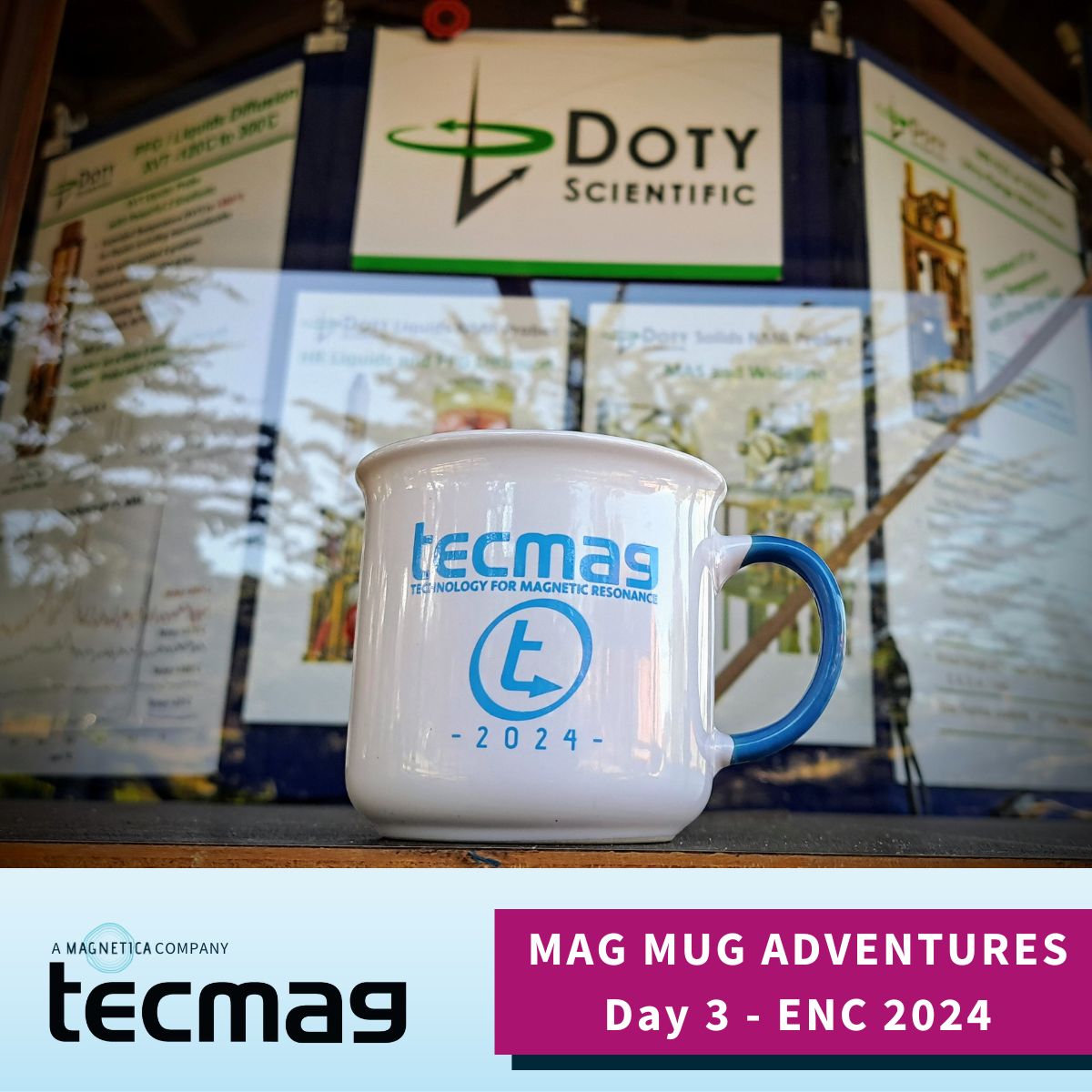 ENC Conference Day 3! Our MAG mug seems quite at home hanging out with the team at Doty Scientific (@DotyScientific), wouldn't you agree? #ENC2024 #NMR #MRI #tecmag #reiMAGineMRI #magnetica @ENC_Conf