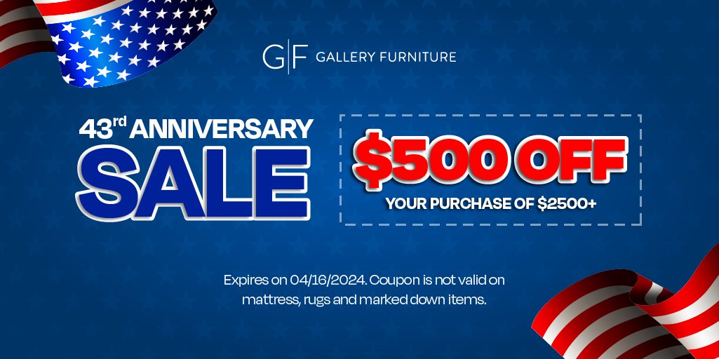 Claim an amazing $500 OFF your GF purchase of $2,500+ at galleryfurniture.biz/4cRZaiE! Plus, don’t overlook additional deals available during the 43rd Anniversary Sale! Act fast – offer expires Tuesday, 4/16/24, at 10 PM CST! *Some exclusions apply.