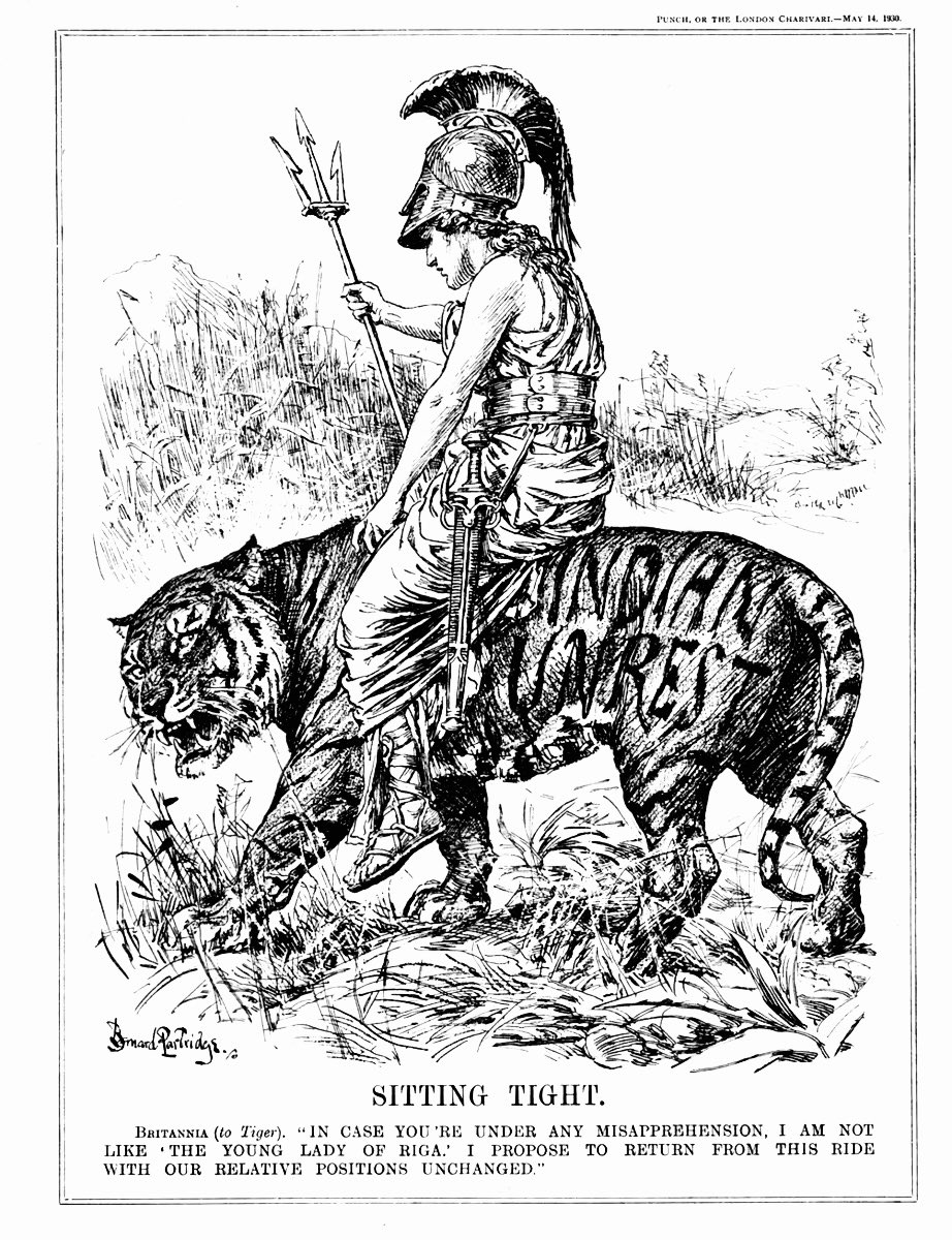 Nauseating bigotry in racist cartoons from 19th c. British magazine Punch showing India as a conquered Tiger - a disobedient troublesome “brute”. Next Britannia rides atop the subjugated Indian tiger threatening that any unrest cannot change Britain’s supremacy over India.