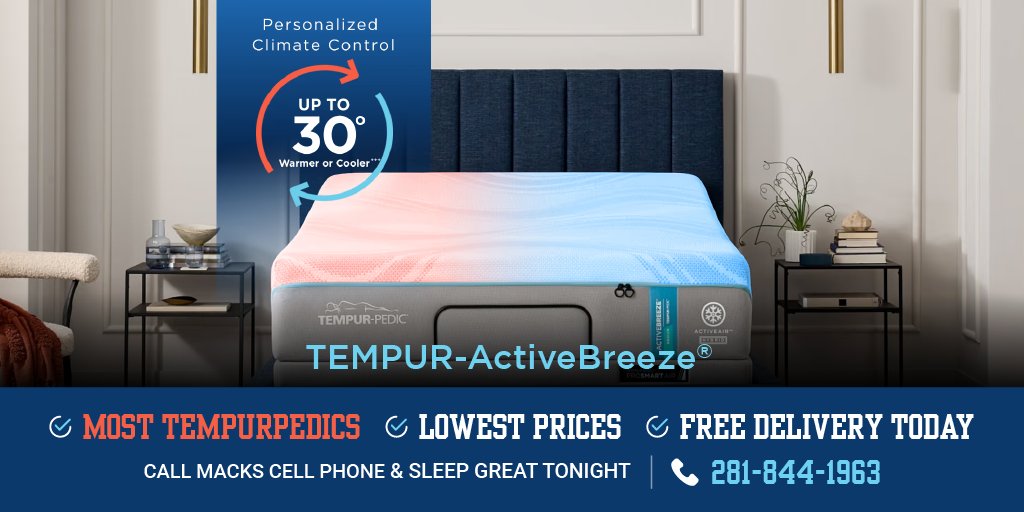 Experience next-level comfort with the NEW TEMPUR-ActiveBreeze mattress at GF! Stay cool or warm with personalized climate controls on each side of the bed. More at galleryfurniture.biz/4aDzWT0! Enjoy FREE SAME-DAY DELIVERY and upgrade your sleep routine today!
