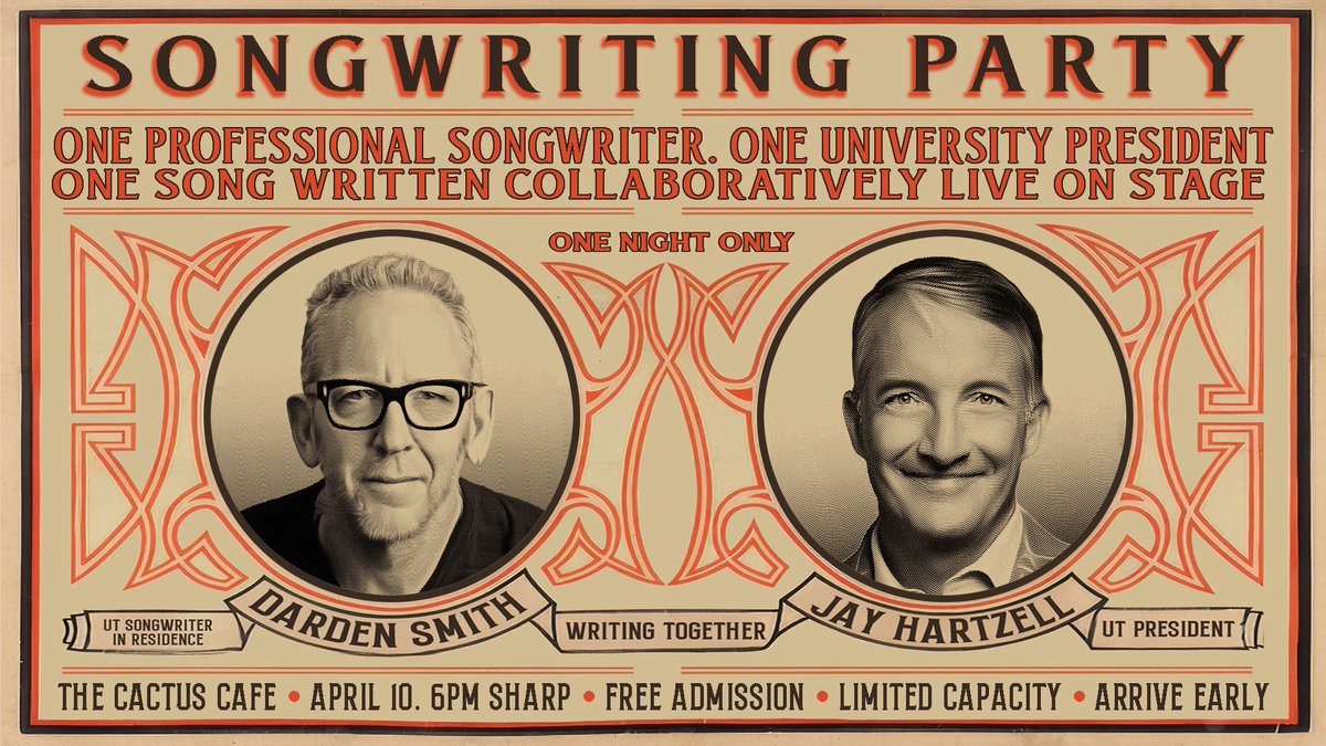 Students: Join our inaugural Songwriter-In-Residence @DardenSmith and me at the Cactus Café for a special songwriting party 🤘 utex.as/3Uc87vG