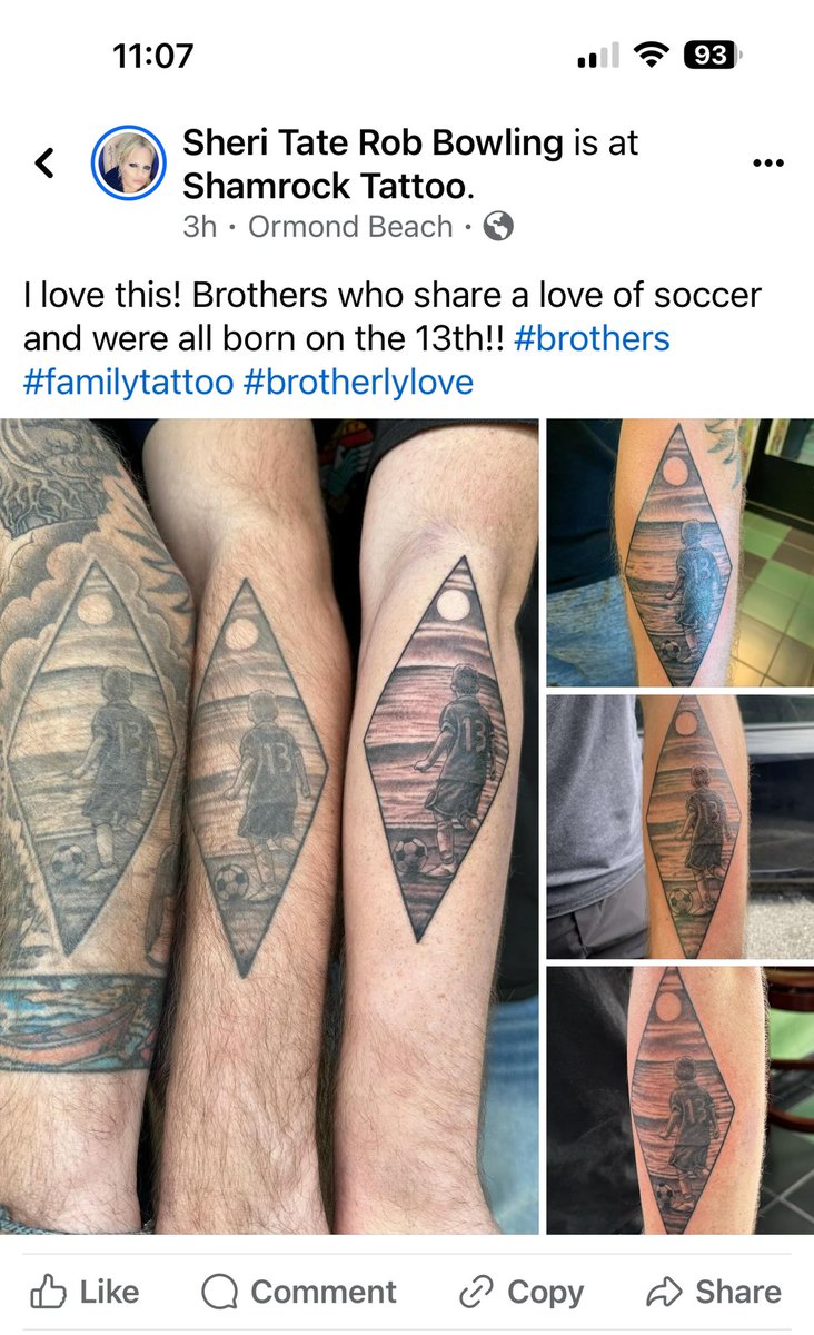 UsefulFoma's tweet photo. We have been a soccer family for a long time and our youngest son finally got the same tattoo as his older brothers. My oldest designed it. Each of them was born on the 13th and wore #13 when they played. @AcousticCards @holidayincambo @Peyton2Bowling @SheriBowling https://t.co/1RbaTNNfew