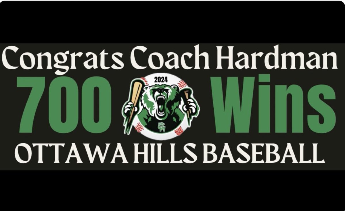 700 Wins!! The Green Bears win 2-1 in the 9th inning to give Coach Hardman his 700th win! Final score, Ottawa Hills 2 Whiteford 1. Incredible baseball game. @snyderjackson13 went 5 innings, 3 hits and 5 k’s. @noahhamilton24 went 4 giving up 1 hit and 5 k’s. Congrats Coach