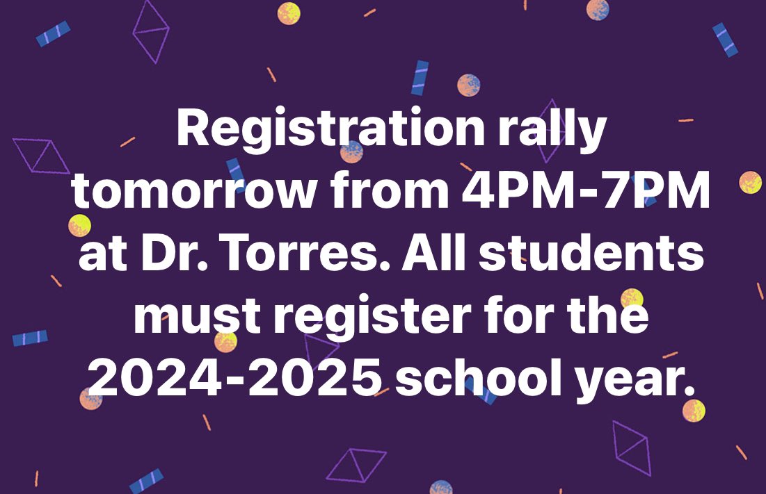 Registration rally tomorrow from 4PM-7PM. All students must register for the 2024-2025 school year.Stop by or call us at 915 236-5225 if you need help. Help your child’s class win a pizza party by registering.The first 5 classes to get everyone registered will get a pizza party!