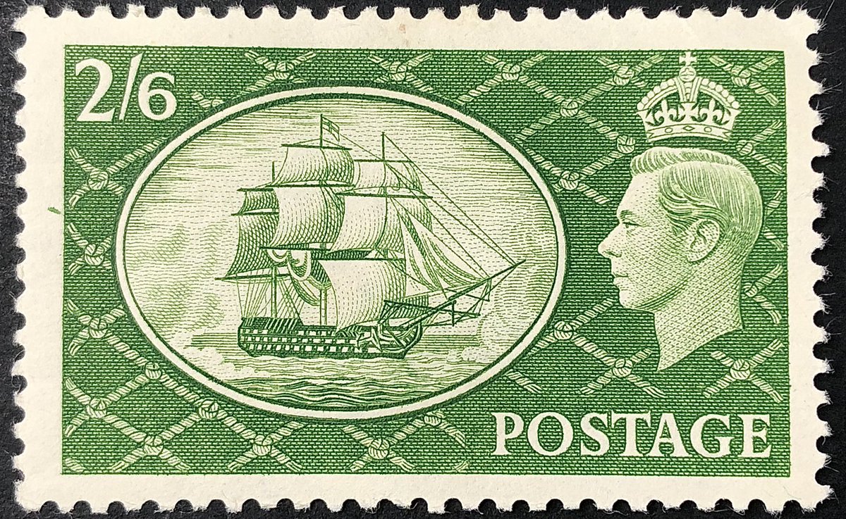 Today’s #EngravedBeauty is from 1951 and features George VI with a tall ship, the HMS Victory. Most UK issues from this era are printed using the Photogravure process, but this one and others in the set are Recess printed. Beautiful design!