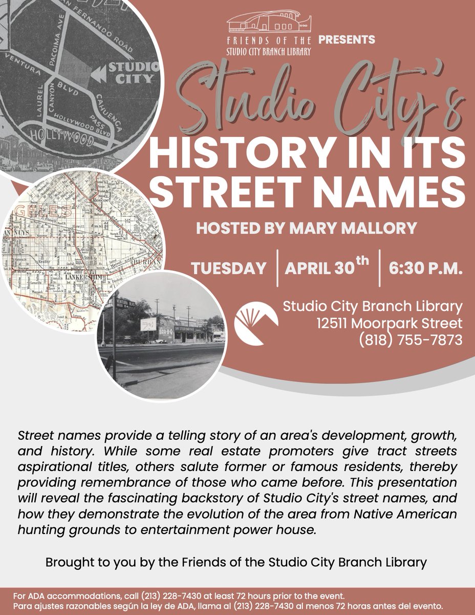 I will be giving the free presentation 'Studio City's History In Its Street Names' Tuesday, April 30 at 6:30 pm at the Studio City Library. History sometimes only survives in street names. #sanfernandovalley #history