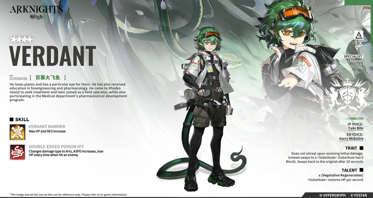 Born in a Victorian farming town, Verdant studied botany in university and was considered one of the best students in recent years, until he developed Oripathy and was forced to withdraw and leave the nomadic city, becoming a 'plant hunter.' #Arknights #Yostar