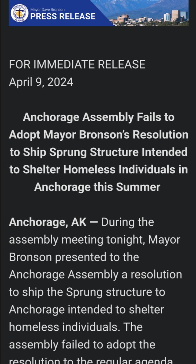 Wow, the mayor's spin to blame us was fast. This got sent about 15 mins. after we voted to not take up an item we only got a few hours ago, using opioid settlement money to ship the Sprung tent to Anch. for 'shelter, treatment' w/ no plan. Instead, we asked for intro on 4/23. 🧵