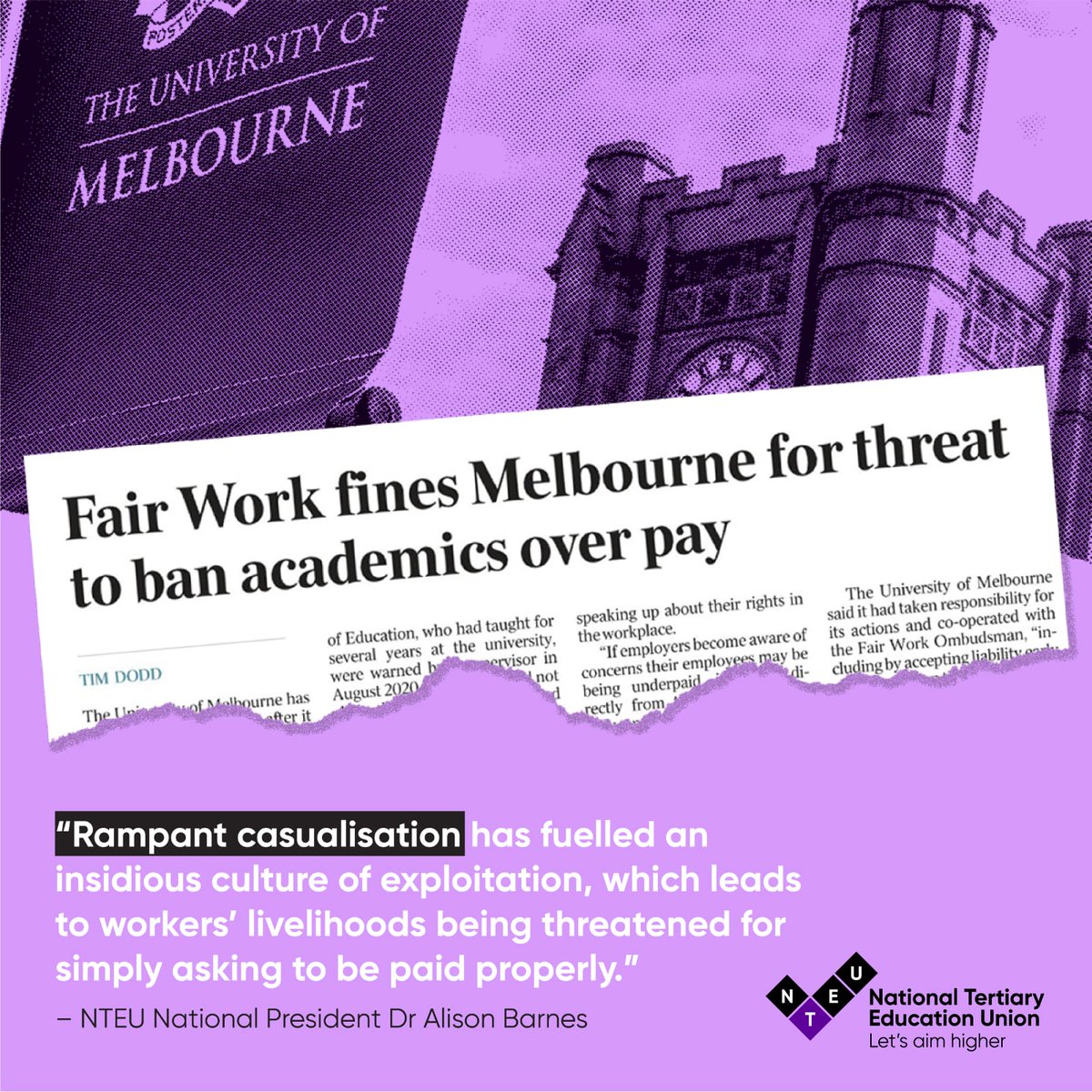 'Rampant casualisation has fuelled an insidious culture of exploiting, which leads to workers' livelihoods being threatened for simply asking to be paid properly' - @AlisonBarnes25 . Help us achieve secure work and end wage theft at universities nteu.au/join