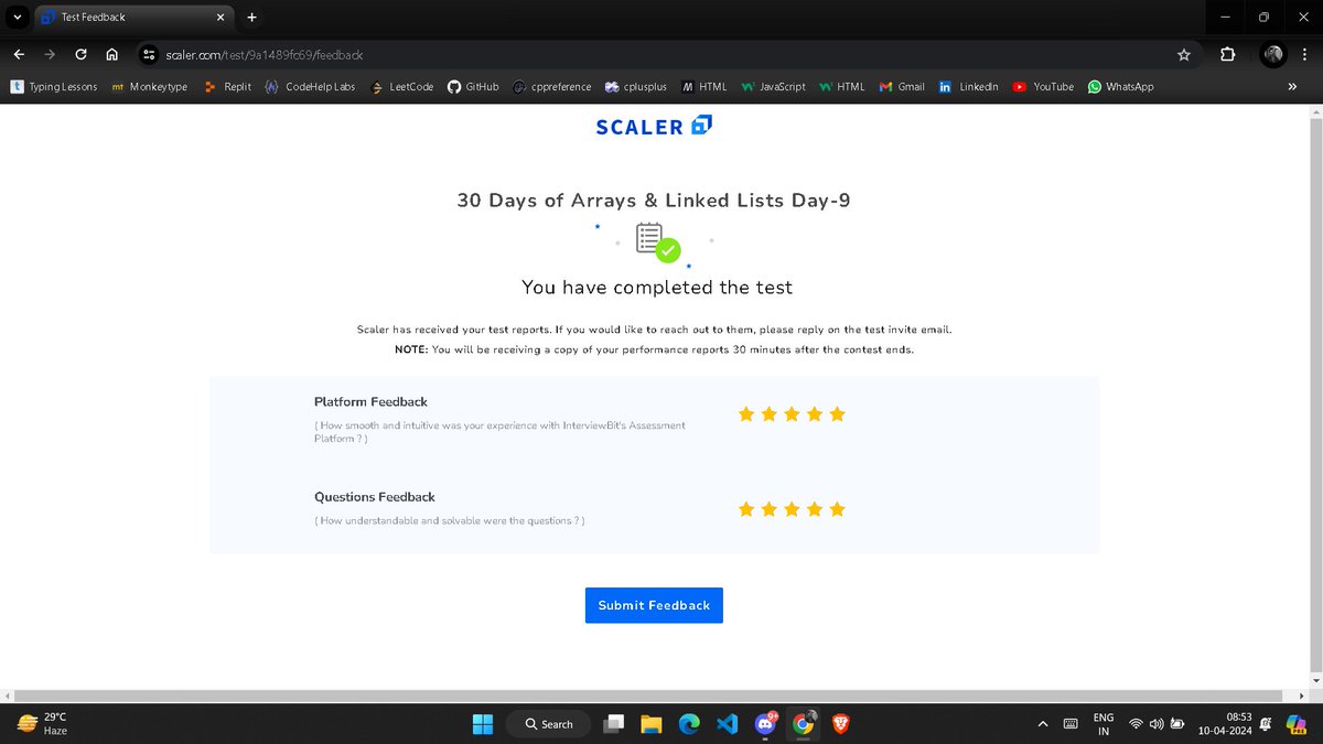 RayPremanshu's tweet photo. Completed ✅ Day 9 of Scaler's 30 Days of Arrays/lists challenge. Sharpening my skills one day at a time.
Excited to continue!!!

#ScalerDiscord #ScalerTopics
@scaler_official #DSA #CodingChallenge #ArrayMagic #TechJourney https://t.co/Tf7lu6H4xp