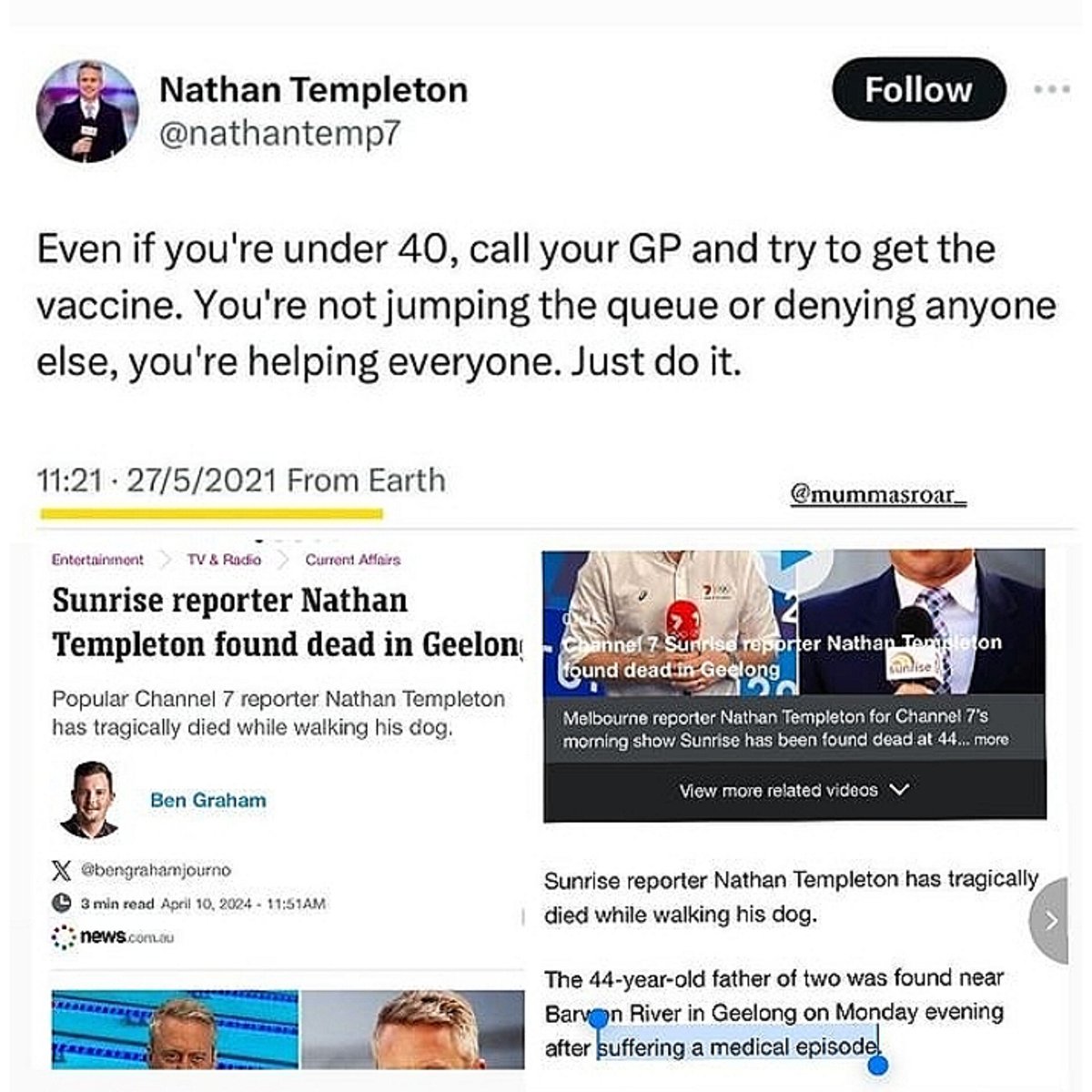 Aus 🇦🇺 Fit and Healthy Sunrise Reporter Nathan Templeton 44, dies whilst walking the dogs. It's anything else, except of course the Vax 💉👇