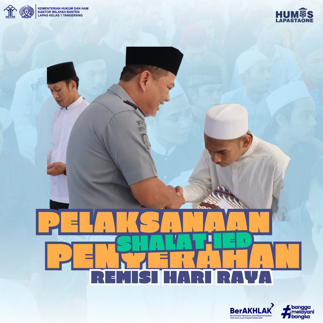 Lapastaone01's tweet photo. Lapas Kelas I Tangerang, Rabu (10/04/2024) pagi, menggelar Sholat Idul Fitri 1445 H sekaligus Pemberian Remisi Khusus Hari Raya bagi WBP yang beragama Muslim, di Masjid Baitussalam Lapas Kelas I Tangerang. https://t.co/H6mezd5uvK
